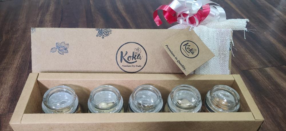 Koka Platinum Spice & Nut Kit (301gms). 5 Vacuum glass bottles (Reusable) packed with Natures Goodies as a Gift Hamper.